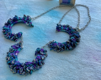 Intersection of Three Mixed Media Necklace - Fiber Metal Stone - Hematite - Green Purple Blue Silver - Crochet - Antique SIlver Chain - OOAK