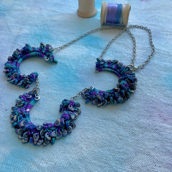 Intersection of Three Mixed Media Necklace - Fiber Metal Stone - Hematite - Green Purple Blue Silver - Crochet - Antique SIlver Chain - OOAK