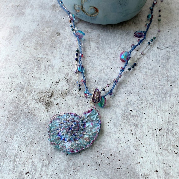 Swirl Spiral Ammonite Pendant Necklace - Multi Strand - Blue Purple Silver - Mixed Media - Crochet Glass Beads Paper Wire - One of a Kind