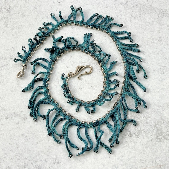 Sea Kelpie Necklace - Beaded Crochet - Fringe - Antique Silver Chain - Teal - Glass Beads - Mixed Media - One of a Kind