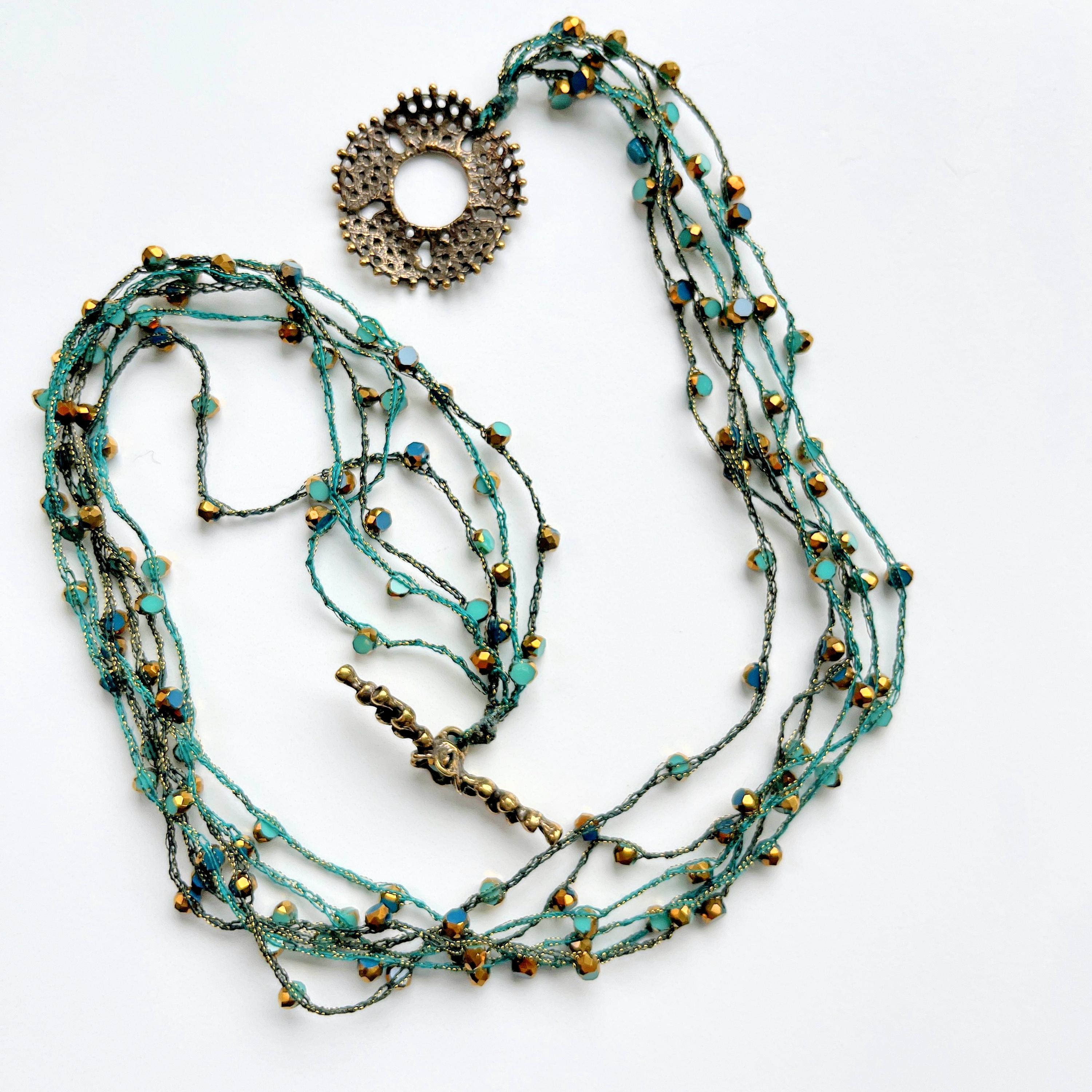 Multi-strand Bead Crochet Necklace: Green Crystal & Bronze Toggle