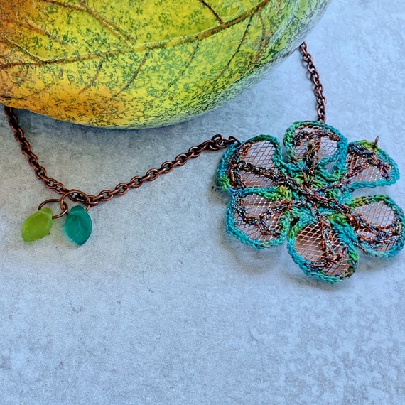 Mixed Media Flower Necklace - Turquoise Green Copper - Glass Leaves - Copper Chain - Hand Dyed Thread Crochet Embroidery - 18 inch - OOAK