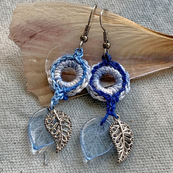 Blue Silver Leaf Ring Drop Earrings - Mixed Media - Glass Metal Fiber - Crochet Embroidery -Silver Ear Wires - Multiple Blue Shades - OOAK