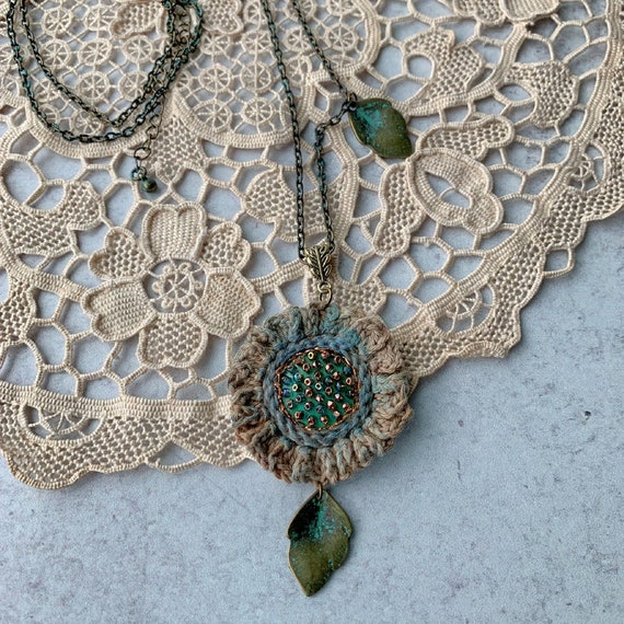 Verdigris Flower Pendant Necklace - Hand-Painted - Plant Dyed Thread - Copper Metallic Accents - Tiny Glass Beads - Patina Brass Leaves