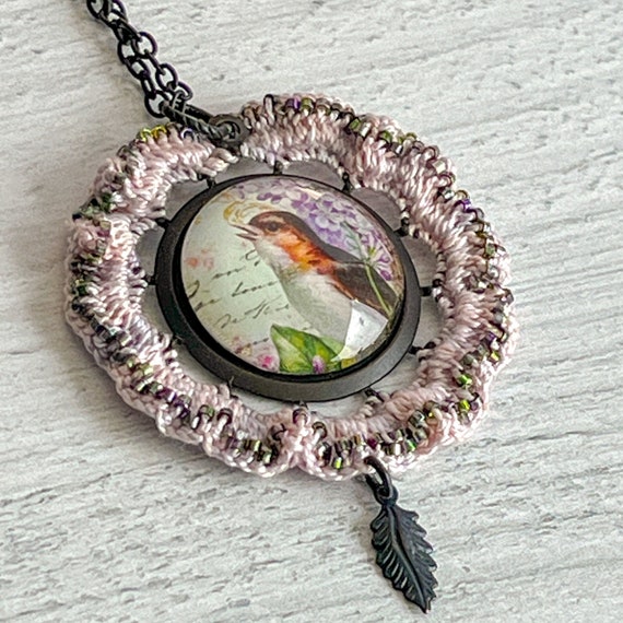 Songbird Pendant Necklace - Mixed Media - Blackened Brass - Crochet - Glass Beads - Glass Cabochon - Vintage - Lilac - One of a Kind