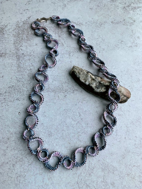 Two Tone Twist Necklace - Crochet Covered Silver Chain - Gray Mauve Slate Lavender - Tiny Metallic Glass Beads - Hook and Eye Clasp - OOAK
