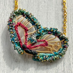 Butterfly Wing Necklace - Gold metal - Crochet - Embroidery - Blue Green Burgundy - Glass Beads - One of a Kind