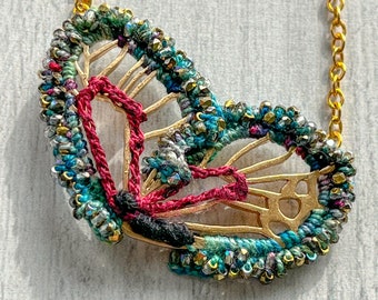 Butterfly Wing Necklace - Gold metal - Crochet - Embroidery - Blue Green Burgundy - Glass Beads - One of a Kind