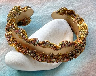 Gold Ruffle Beaded Cuff Bracelet- Satin Gold Metal- Hand Dyed Thread Crochet- Metallic Glass Beads - Gold Green Rust Ivory - Mixed Media