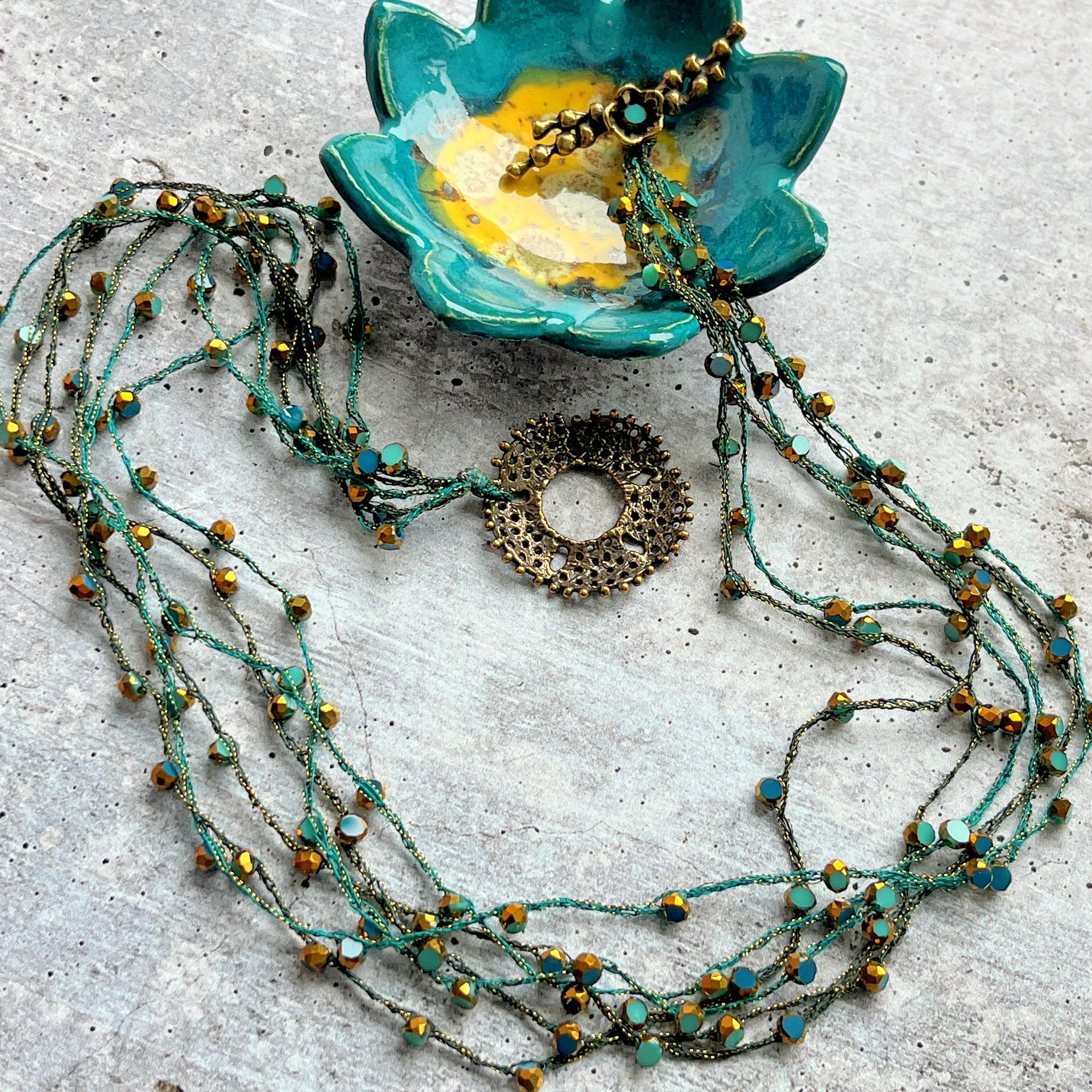 Multi-strand Bead Crochet Necklace: Green Crystal & Bronze Toggle