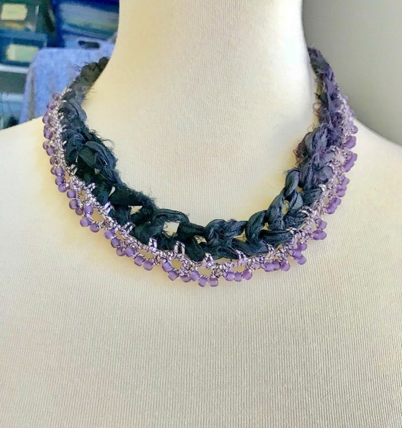 Recycled Sari Silk Necklace - Eggplant Purple - Hand Crochet - Lavender Glass Beads - One of a Kind