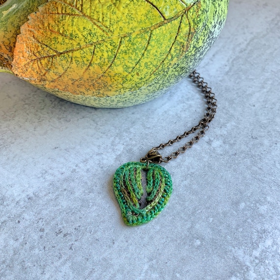 Embroidered Brass Leaf Pendant Necklace - Mixed Media - Hand Dyed Cotton Thread, Glass Beads - Greens, Yellow, Turquoise - Brass Chain