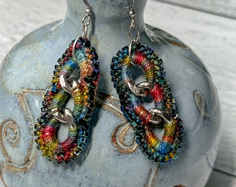 Chain of Three Earrings - Mixed Media - Hand-Dyed Multicolor Thread - Tiny Metallic Cube Glass Beads - Stainless Steel Chain - One of a Kind