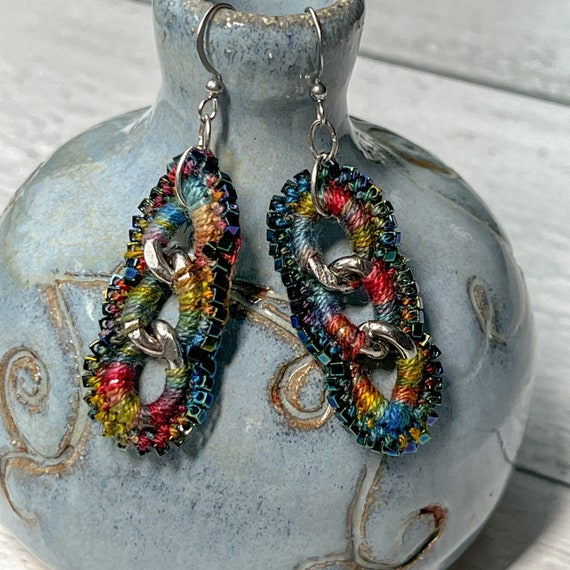 Chain of Three Earrings - Mixed Media - Hand-Dyed Multicolor Thread - Tiny Metallic Cube Glass Beads - Stainless Steel Chain - One of a Kind