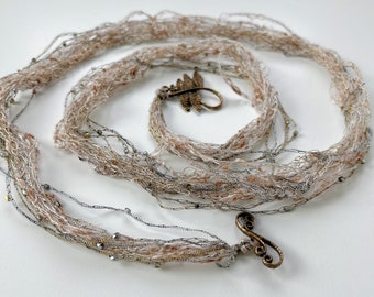 Gossamer Strands Necklace - Crochet - Multi-Strand - Glass Beads - Silk - Metallic Thread - Fern Leaf Clasp - One of a Kind - Neutrals