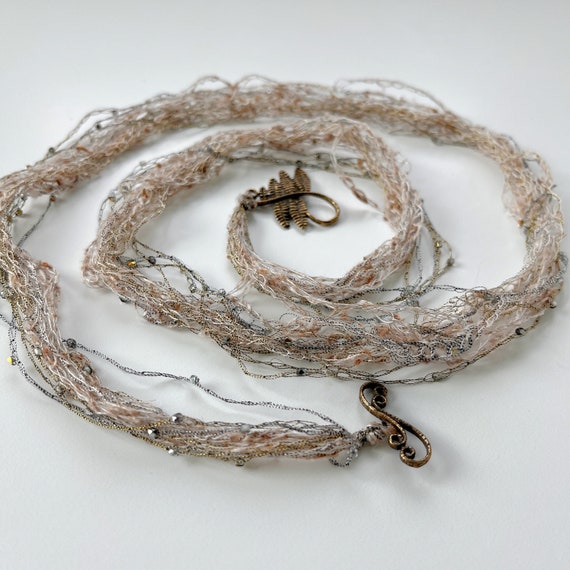 Gossamer Strands Necklace - Crochet - Multi-Strand - Glass Beads - Silk - Metallic Thread - Fern Leaf Clasp - One of a Kind - Neutrals