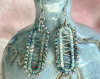 Mixed Media Oval Drop Earrings - Stainless Steel Open Oval Capsules - Hand Dyed Cotton Thread - Glass Beads - Multicolor - One of a Kind