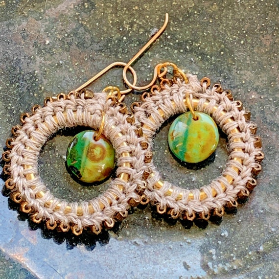 Green Brown Bronze Natural Linen Ring Drop Earrings - Mixed Media - Bronze Glass Beads - Gold Wires - Crochet - One of a Kind