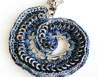 Crocheted Spiral Pendant Necklace: Charcoal Gray, Hematite Glass Beads, Silver Chain