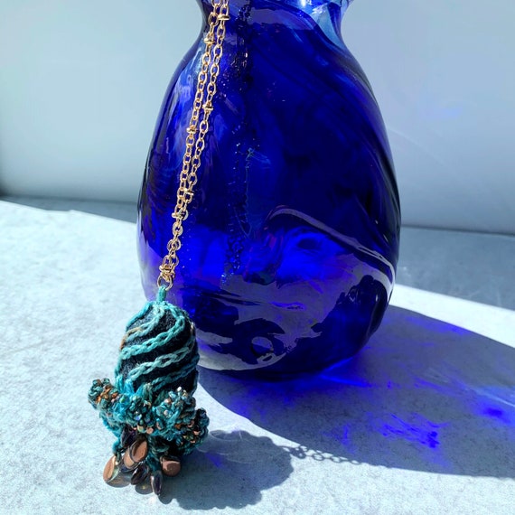 Swirling Elegance Mixed Media Pendant Necklace - Blue Turquoise Copper - Hand-dyed Thread, Silk Cocoon, Glass Beads, Embroidery, Crochet