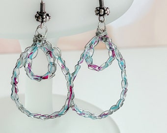 Double Tear Drop Earrings - Mixed Media - Paper Fiber - Silver Wire - Crochet - Hand Painted - Aqua Purple - One of a Kind - Light Weight