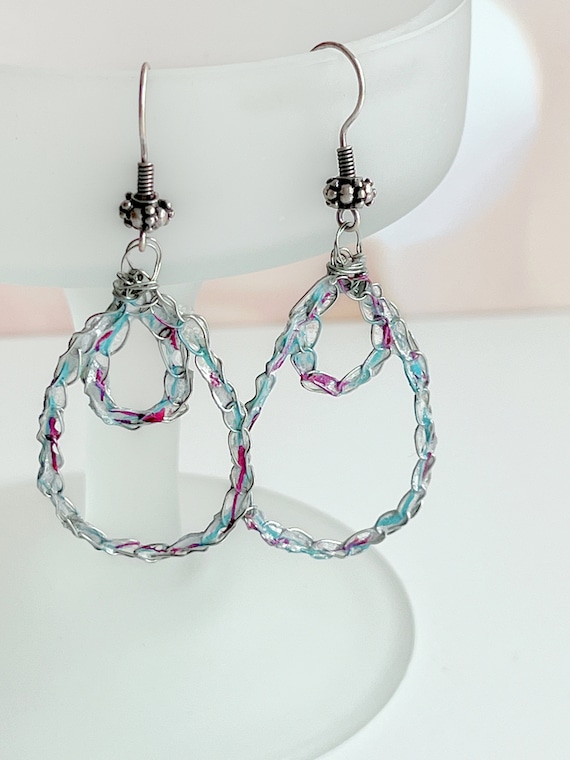 Double Tear Drop Earrings - Mixed Media - Paper Fiber - Silver Wire - Crochet - Hand Painted - Aqua Purple - One of a Kind - Light Weight