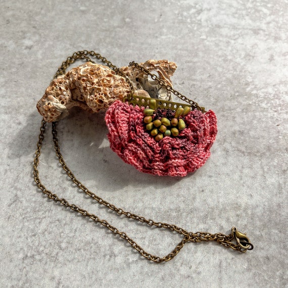 Mixed Media Flower Necklace - Ruffle Petals - Crochet - Coral, Wine, Brass - Fiber, Glass Beads - One of a Kind - Brass Chain -