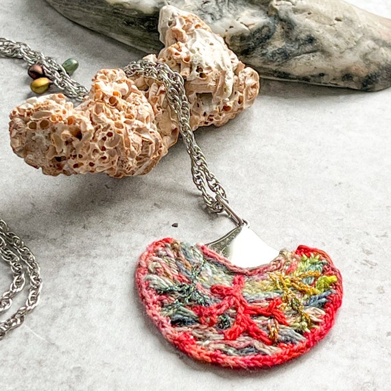 Coral Fantasy Pendant - Mixed Media - Stainless Steel Embroidered w/ Hand Dyed Cotton and Metallic Threads - Red Multicolor - One of a Kind