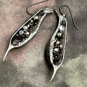 Seed Pod Drop Earrings - Black Silver - Mixed Media - Felted Wool - Glass Beads - Natural False Indigo Pods - One of a Kind