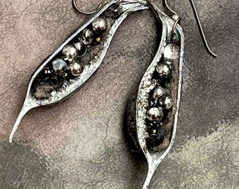 Seed Pod Drop Earrings - Black Silver - Mixed Media - Felted Wool - Glass Beads - Natural False Indigo Pods - One of a Kind