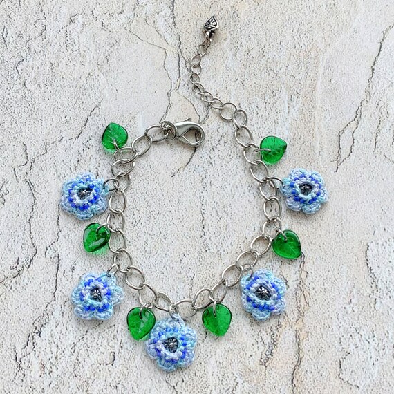 Forget Me Not Mixed Media Bracelet - Silver Chain - Metal Fiber Glass - Blue Green - Leaves - Adjustable Length - One of a Kind