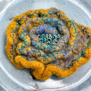 Felted Wool Brooch Pin - Hand Embroidery - Mustard Yellow Teal Lavender - Abstract Floral - Patina Metal Beads - One of a Kind