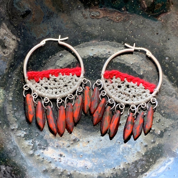 Caliente Beaded Hoop Earrings - Red Orange Gray Beige - Mixed Media - Silver Hoops - Crochet - Dagger Beads - One of a Kind