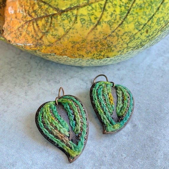 Embroidered Brass Leaf Earrings - Mixed Media - Embossed Antique Brass Leaves - Hand Dyed Cotton Thread - Greens Yellows Turquoise - OOAK