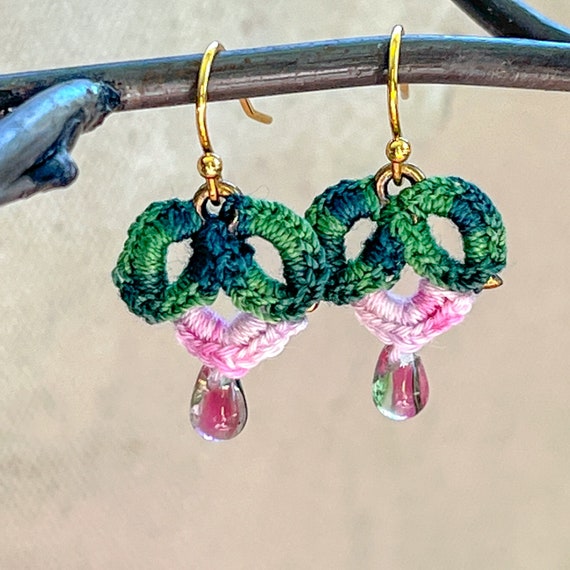 Pink Flower Bud Drop Earrings - Pink Green - Hand Dyed Cotton Thread Crochet over Open Gold Metal Lotus Flower - Gold Plated Ear Wires