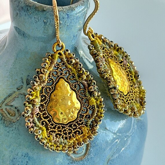 Antique Gold Ornate Filigree Teardrop Earrings - Mixed Media - Crochet - Hand Dyed Thread - Metallic Glass Beads - Sage Taupe Gold - OOAK