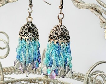Sky Fringe Earrings - Mixed Media: Metal, Fiber, Glass - Blue Aqua - Iridescent Silver Aqua Rain Drop Glass Beads - Hand-Dyed Cotton Thread