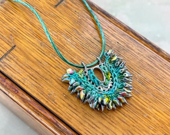 Openwork Pewter Pendant Embellished with Embroidery and Crochet Glass Dragon Scale Bead Edge - Green Multicolor Iridescent - Leather Cord