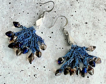 Blue Black Branching Earrings - Dangle Earrings - Crochet - Mixed Media - Metal, Fiber, Glass Beads - One of a Kind