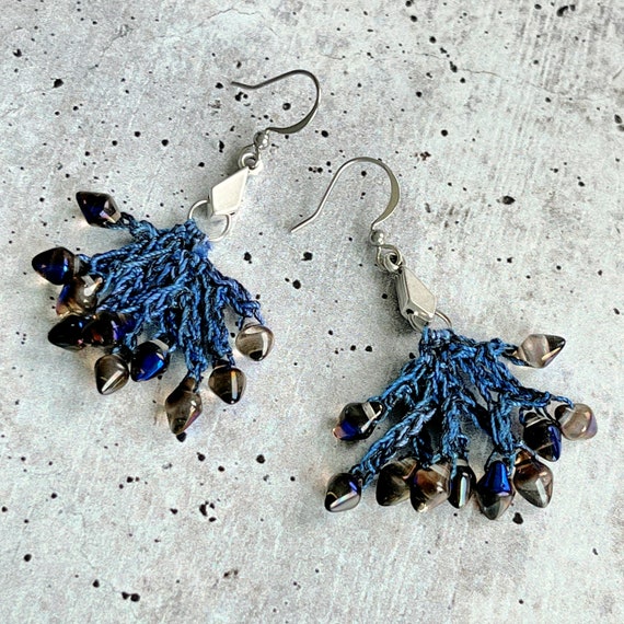 Blue Black Branching Earrings - Dangle Earrings - Crochet - Mixed Media - Metal, Fiber, Glass Beads - One of a Kind