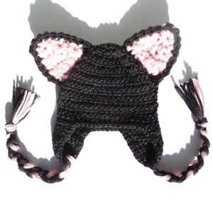 May include: Black crocheted hat with pink ears and black and pink braided ties.