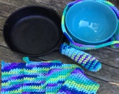 Crochet Pot Holder Set Microwave Bowl Cozy EcoSponge and Handle Cover Hot Pad Trivet Set Blue Fiesta
