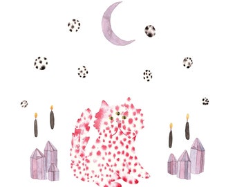 Pink Crystal Cat- Watercolor- Painting- Original- Illustration- Moon- Candles- Art- Ghost Orbs- Gouache