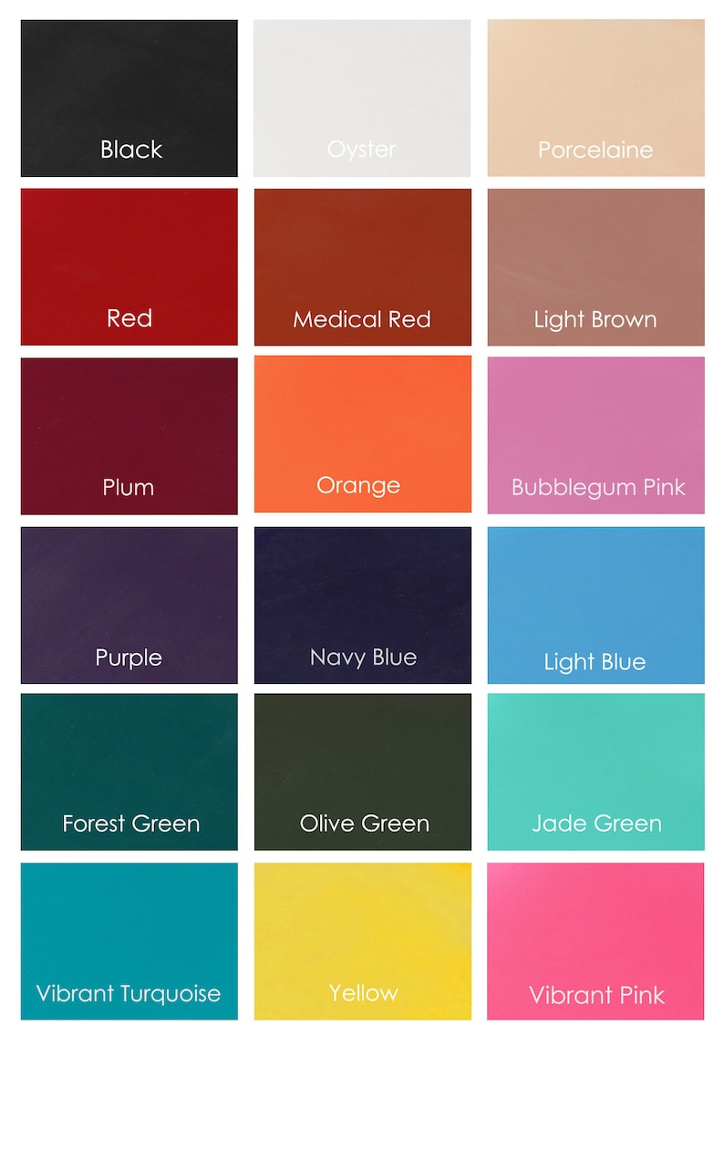 May include: A color chart with 18 different colors, including black, red, orange, yellow, green, blue, purple, pink, and brown. Each color is labeled with its name.