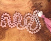 Rainbow Moonstone and Rose Quartz Mala Sari Silk Tassel Necklace Gift Reiki Infused