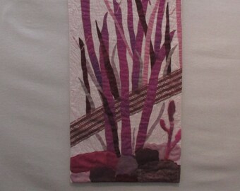 Original,Fabric Landscape,Art Wall,Hanging,OOAK wall quilt,contemporary art,fabric collage,shades of magenta, light pink to deep magenta