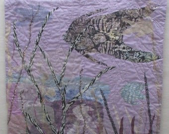 Original,Nature,Fabric Wall Art,sealife,coastal decor art,fish,sea dragons,plants, violet fabric art quilt,Impressionist Contemporary Art