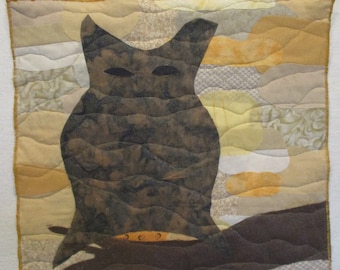 Brown Owl Fabric Art Quilt, Nature Wall Hanging (15x14)