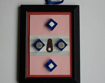 Contemporary mixed media collage,wall paper,found objects,blue tiles,metal buttons,framed art,assemblage,original,OOAK piece,modern art work