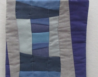 Abstract Fiber Art Quilt, Blue Grey Fabric Collage Wall Hanging